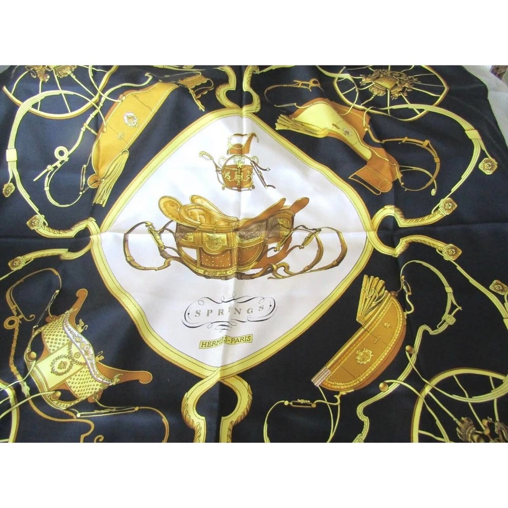 HERMES Paris Springs Black & Gold Silk Scarf 90CM